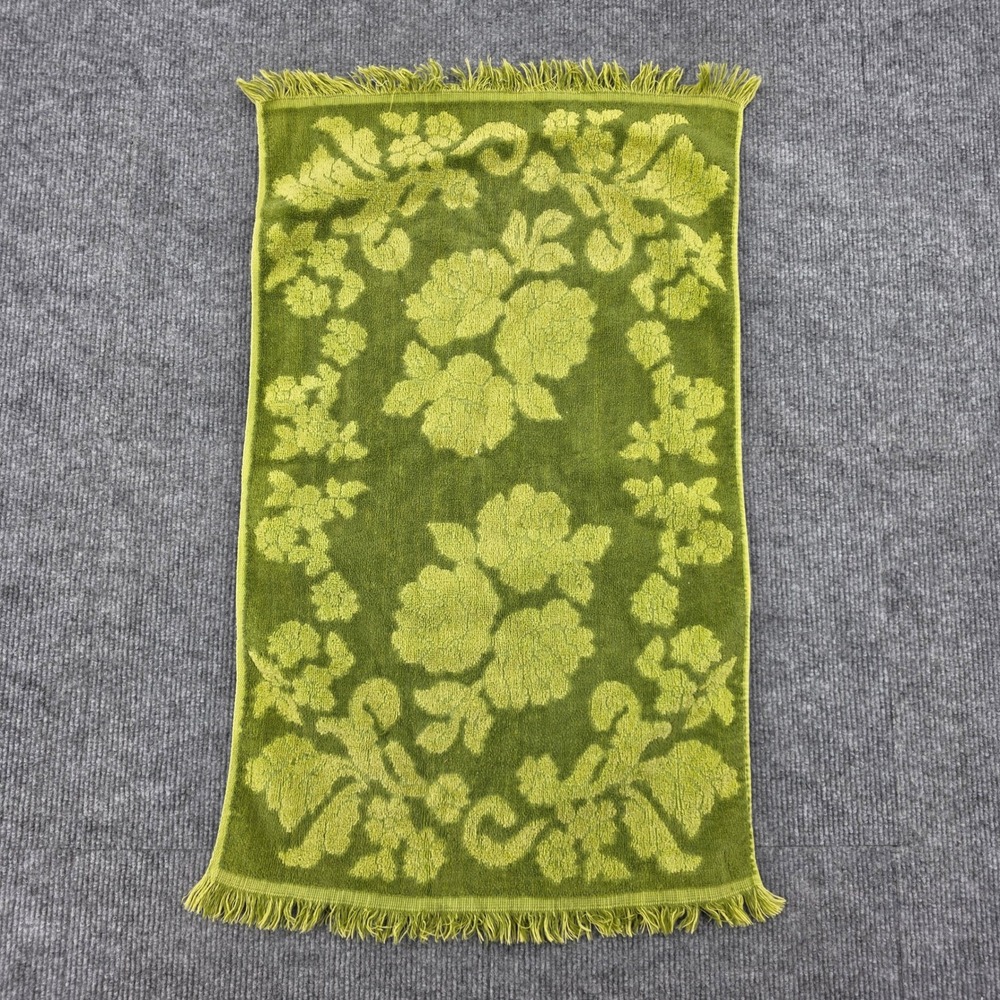 Vintage Cannon Monticello Avocado Green Floral Fringed Cotton Hand Towel USA